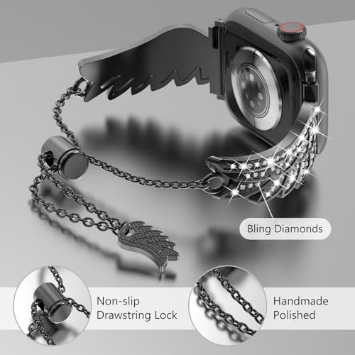 WINGLE for Apple Watch Bands 40mm 41mm 38mm for Women Series 9 8 7 6 5 4 3 2 1 SE, Sparkle Angel Wings Bling Diamond Rhinestone Apple Watch Metal Band Dressy Chain Bracelet for iWatch, Black