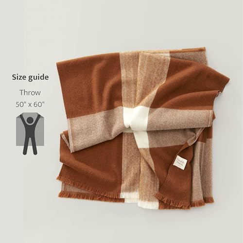 Double Stitch by Bedsure Alpaca Wool Throw Blanket - Soft Warm Blanket for Couch - Luxury Decorative Fleece Blanket, Fall Plaid Blanket, Perfect House Warming Gift, 50" x 60", Harvest Brown & Cream
