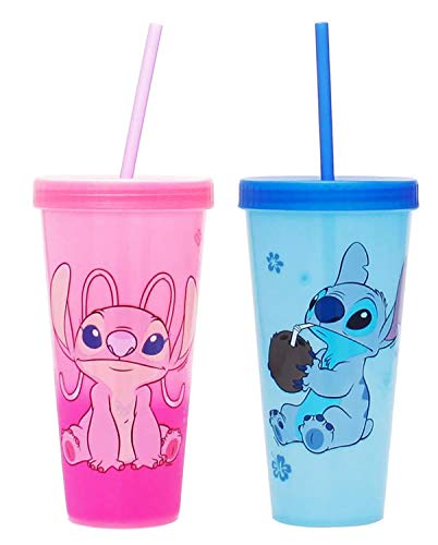 Silver Buffalo Disney Lilo and Stitch Angel Coconut Flowers 2 Pack Color Change Plastic Tumbler, 24-Ounce