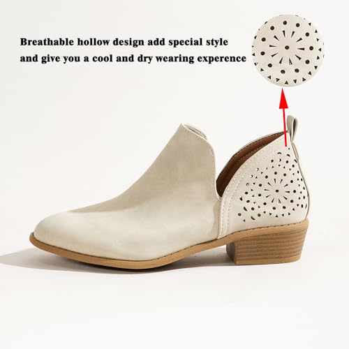 JITUUE Ankle Boots for Women Casual Cut Out Slip On Low Heel Short Chunky Stacked Heel Perforated Side V Cut Western Booties Cutout Shoes(Beige,US 6