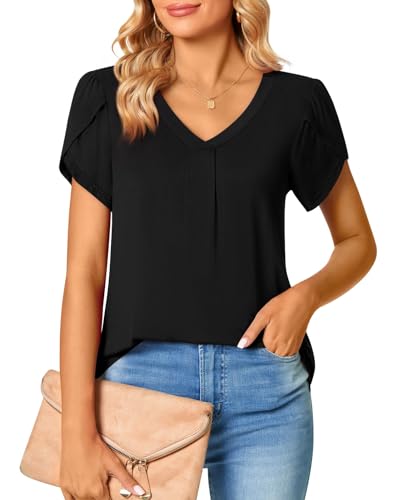 Bestbee Women's Short Sleeve Tops V Neck Petal Sleeve Shirts 2024 Cute Summer Casual T-Shirts Loose Fit Blouses, L, Black