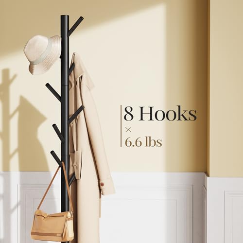 Pipishell Sturdy Wooden Coat Stand, 3 Adjustable Sizes Coat Tree with 8 Hooks, Coat Stands for Hallway Entryway, Hat Stand for Clothes, Used in Bedroom/Office/Hallway/Entryway, Black