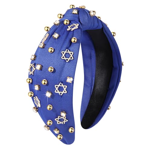 Star Headband for Women Rhinestone Crystal Jeweled Knotted Headband Wide Top Knot Star Of David Hanukkah Headband Fashion Ladies Hanukkah Christmas New Year Party Head Band Hair Accessories Gift