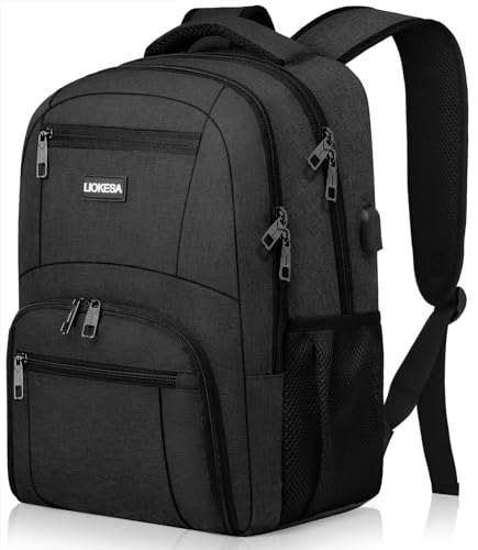 Liokesa Backpack for Men Women, School Backpacks for Teen Boys Girls, Water Resistant Laptop Backpack with USB Charger, 15.6 Inch Black College Bookbag