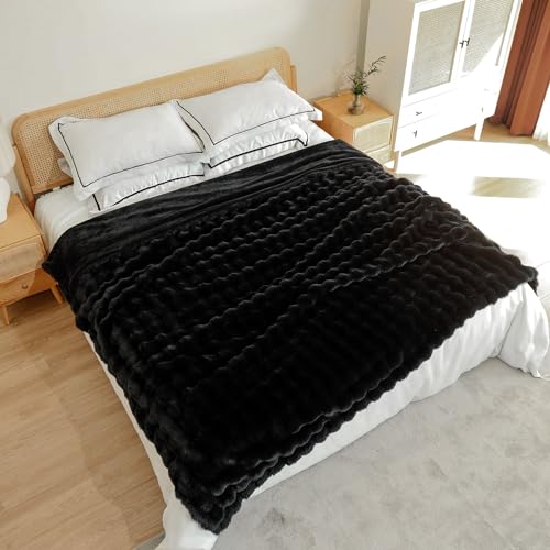 Moenchy Faux Fur Black Throw Blacket for Couch - Super Soft Heavy Flufyy Thick Bubble Throw Blankets for Bed Bedroom Living Room Farmhouse Sofa Chair Fall Winter Warm, 50x60 Inch