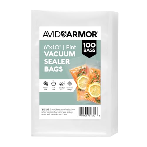 Avid Armor Vacuum Sealer Bags Pint Size, Vac Seal Bags for Food Storage, Meal Saver Freezer Vacuum Sealer Bags, Sous Vide Bags Vacuum Sealer, Non-BPA, 6 x 10 inches, Pack of 100