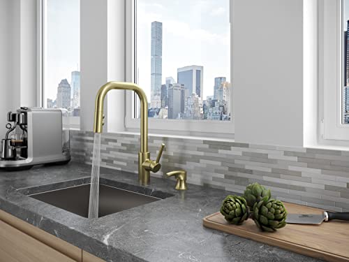 Pfister Zanna Kitchen Faucet with Pull Down Sprayer and Soap Dispenser, Single Handle, High Arc, Brushed Gold Finish, F5297ZNRBG