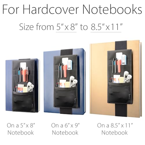 Adjustable Elastic Band Pen Holder, Velcro Pencil Holder, Pen Sleeve Case for Hard Cover Journals, Planners, Notebooks, Books, Binders, Fits Regular & Large Notebooks, Accessory Pocket, Detachable.