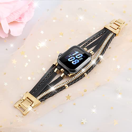 ACEDAX Bracelet Work for Apple Watch Bands 40mm Women, Boho Chic Leather Strap Compatible for apple watch band 38mm/41mm with Gold Metal Buckle, Multilayer Wrap for iWatch Series 8 7 6 SE 5 4 3 Black