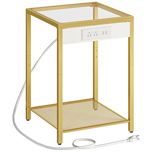 HOOBRO Side Table with Charging Station, End Table with USB Ports, Nightstand for Tight Spaces, Tempered Glass, Modern Metal Frame, for Office, Bedroom, Living Room, Study, Gold GD76UBZ01