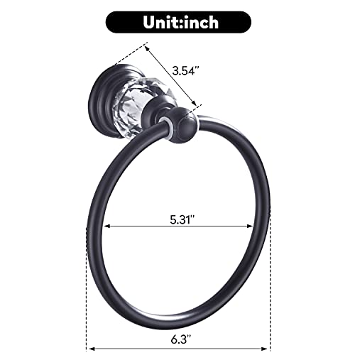 WINCASE Crystal Towel Ring, Black Hand Towel Holder, Bathroom Round Towel Hanger Racks Wall Mount Matte Black