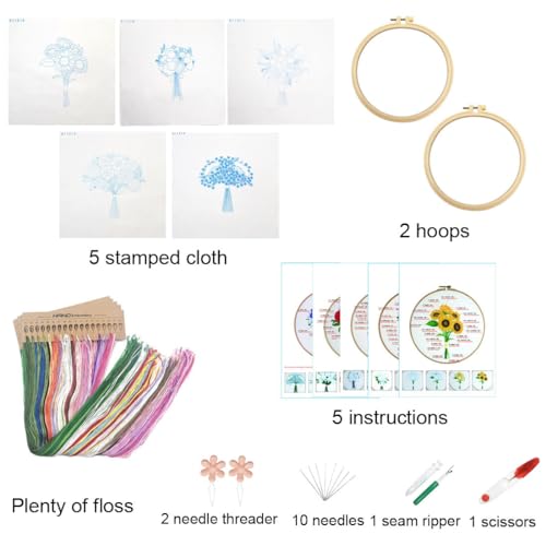 KomoDomo 5 Sets Embroidery Kit for Beginners Learn to Embroider Kit Adult Beginner Embroidery Starter Kit with Pattern and Instruction Cross Stitch Set Kids Embroidery Kit (A Bunch Flowers 5P)