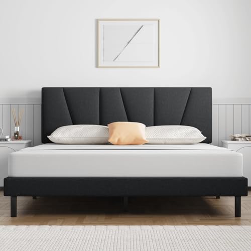 Molblly Queen Bed Frame Upholstered Platform with Headboard and Strong Wooden Slats, Strong Weight Capacity, Non-Slip and Noiseless,No Box Spring Needed, Easy Assembly,Dark Grey