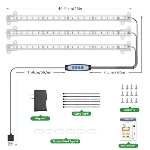 Wiaxulay LED Plant Grow Light Strips, 6000K White Grow Lights for Indoor Plants Full Spectrum, 3 Bars/16 in Grow Lamp with 6/12/16 Hrs Timer, 5 Brightness for Green House, Hydroponics, Seed Starting