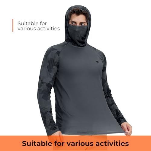 Rodeel UPF 50+ Men’s Long Sleeve Performance Fishing Hiking Shirt with Mask UV Neck Gaiter Hoodie