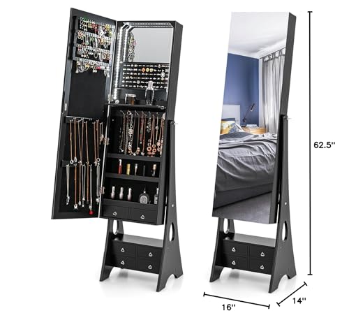 CHARMAID Jewelry Cabinet with LED Light Strip, 62.5'' Floor Jewelry Armoire with High Full Length Mirror, Vanity Mirror, Foldable Makeup Shelf, Jewelry Organizer Storage with 6 Drawers (Black)