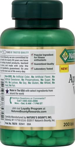Nature's Bounty Apple Cider Vinegar 480mg Pills, Vegetarian Supplement Plant Based, 200 Tablets