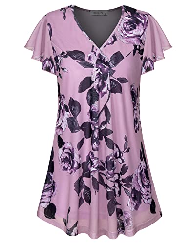 MOQIVGI Blouses for Women Fashion 2024 Work Casual Tops Spring Summer Classy Elegant V Neck Relaxed Fit Flutter Sleeve Double Layer Draped Flowy Tunics Pink Medium