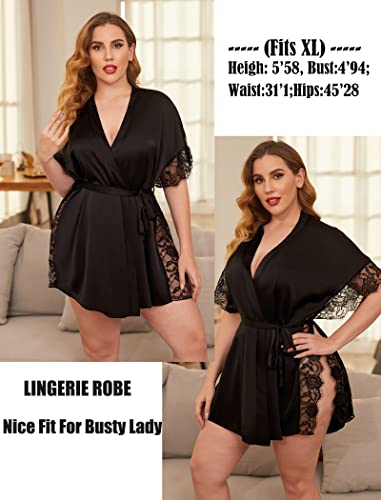 Avidlove Women Lingerie Robe Satin Sleepwear Eyelash Lace Kimono Side Split Sexy Silk Robes (Black,S)