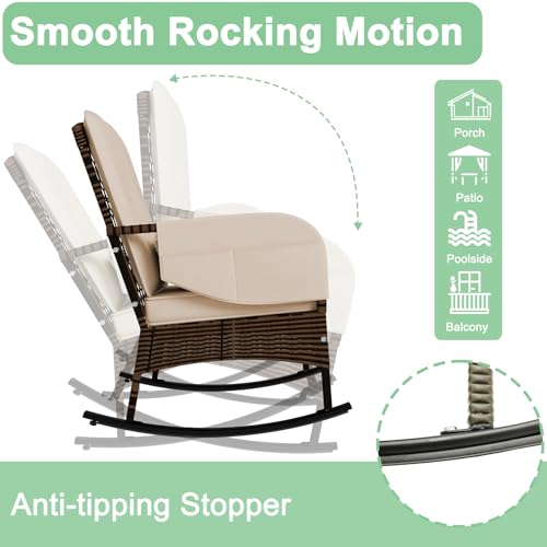 CIRMUBUY 3-Piece Patio Furniture Set,Outdoor Rocking Chairs Set of 2, Patio Conversation Set with 2 Wicker Chairs with Rattan Coffee Table and Cushions for Garden,Porch,Backyard, Bistro (Beige)