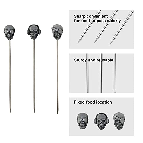 Stainless Steel Cocktail Picks Skull,Metal Martini Sticks,Fruits Toothpicks,Reusable Garnish Skewer Drinks Sandwiches Appetizers Olives Fruits Barbecue Snacks of 5 Pieces (Ancient Silver)