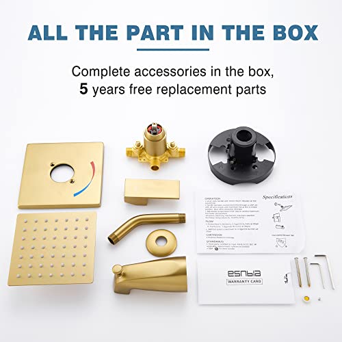 Esnbia Shower Tub Kit, Tub and Shower Faucet Set（Valve Included) with 6-Inch Rain Shower Head and Tub Spout, Single-Handle Tub and Shower Trim Kit,Brushed Gold