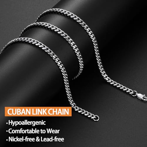 Jewlpire 4mm Silver Chain for Men Women, Diamond Cut Miami Cuban Link Chain for Men, Hip-Hop & Cool Men’s Necklace 316L Stainless Steel Chain 18 Inch