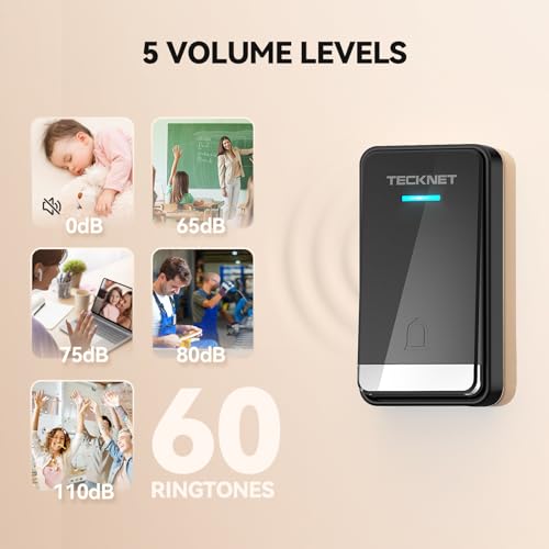 TECKNET Wireless Doorbell, Self-Powered Doorbell, 0-110db Plug-through Wireless Doorbell Ringer for Homes Classroom, IP66 Waterproof 1300ft Door Chime with Extra Socket, 60 Chimes, LED Light
