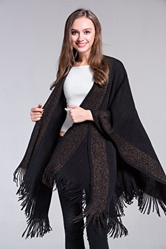 ZLYC Women's Shawl Golden Trim Knit Blanket Wrap Fringe Poncho Coat Cardigan (Space Dyed Khaki)