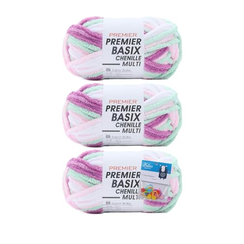 Premier Yarns Basix Chenille Brights Yarn 5.3 Oz Each Skein 6 Super Bulky Chunky Weight 3 Pack Bundle with Bella's Crafts Stitch Markers (Orchid)