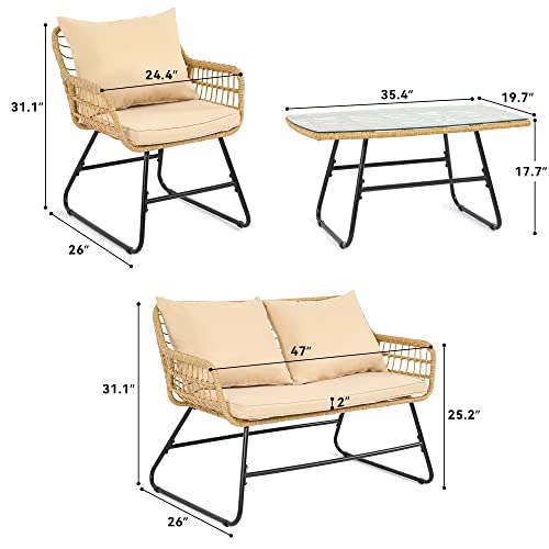 YITAHOME Patio Furniture Wicker Outdoor Bistro Set, 4-Piece All Weather Patio Furniture Rattan Conversation Loveseat Sets for Backyard, Balcony and Deck, Light Brown+Beige