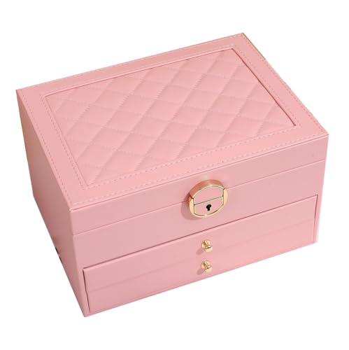 GUOER Jewelry Box for Women Girl Wife 3 Layers Large PU Leather Jewelry Organizer Storage Case with Two Layers Display for Earrings Bracelets Rings Watches PINK