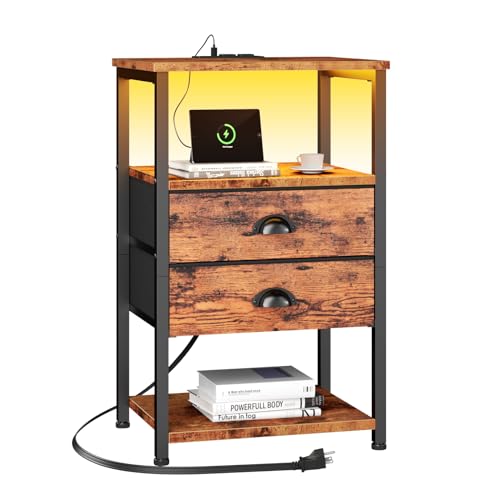 Furologee Nightstand with Charging Station, White Night Stand with LED Lights, 3-Tier Storage End Table with Fabric Drawers, Side Table with USB Ports & Outlets for Lving Room/Bedroom