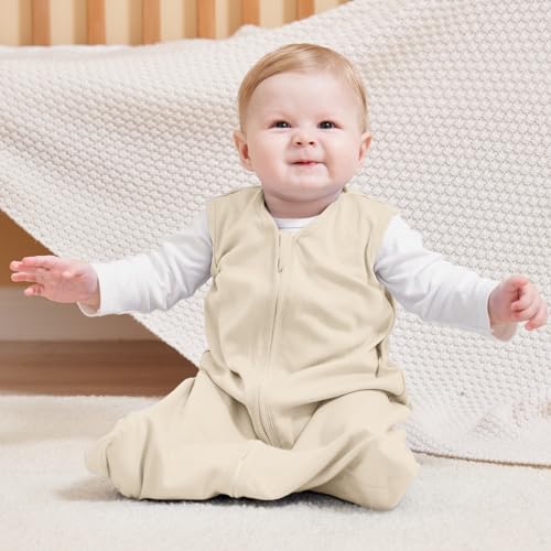 FIEMOL Baby Sleep Sack 0-6 Months, 100% Cotton Sleeping Sack for Newborn and Infant, 3 Pack Baby Wearable Blanket, 0.5 Tog Lightweight Double Zipper Sleep Bag Apricot