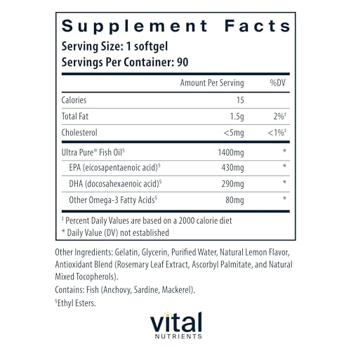 Vital Nutrients Ultra Pure® Fish Oil 800 | Supports Heart, Brain, & Immune Health* | Sustainably Sourced High EPA & DHA Omega-3 Fatty Acid | Lemon Flavor | Gluten, Dairy, Soy Free | 90 Softgels