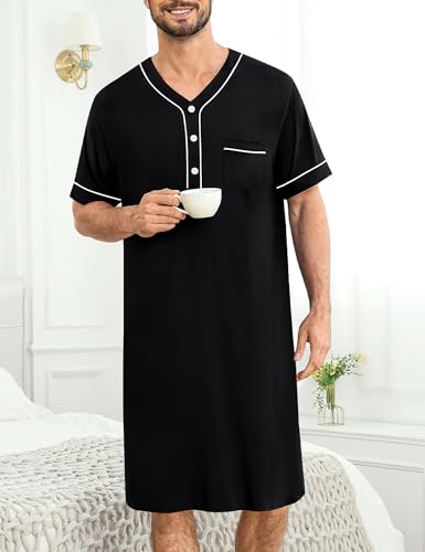 SWOMOG Men's Nightshirt Short Sleeve Nightgown Soft Loose Sleepwear Lightweight Nightwear Comfy Henley Sleep Shirt Medium Black