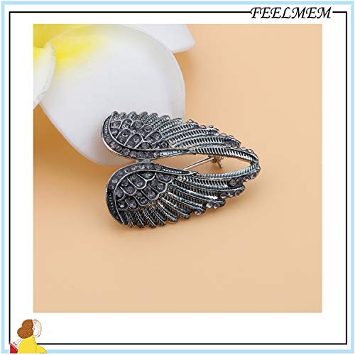 FEELMEM Angel Wings Biker Brooch Crystal Rhinestone Guardian Angel Wing Brooch Pins for Women Girl Biker Jewelry Drive Safe Gift (gray)