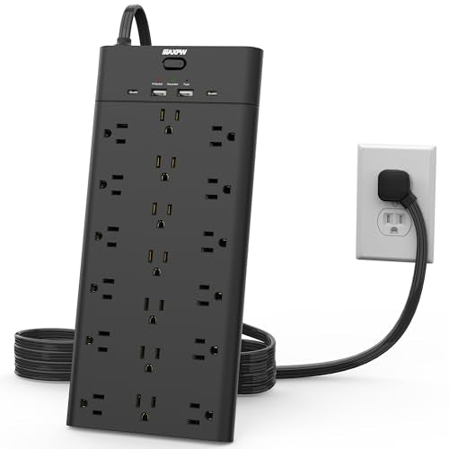 Power Strip Surge Protector Outlet Extender with 19 Outlets and 4 USB Ports (2 USB C), 6.5 Ft Extension Cord & Flat Plug, 2100 Joules, Wall Mount for Home, Office, Dorm, Black