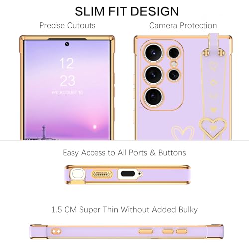 BENTOBEN Compatible with Samsung Galaxy S24 Ultra Phone Case 2024, Slim Thin Shockproof Kickstand Holder Protective TPU Bumper Drop Protection Cute Heart Girl Women Boy Men S24Ultra Cover, Purple/Gold