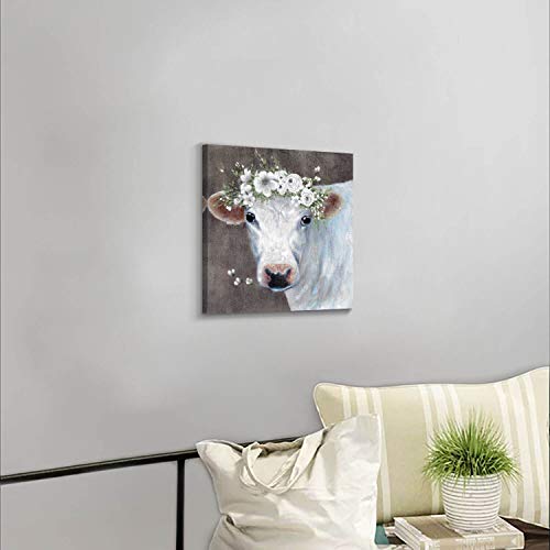 White Cow Picture Wall Art: Abstract Animal Artwork Painting on Canvas for Bathroom (12" W x 12" H, Multiple Sizes/Material)