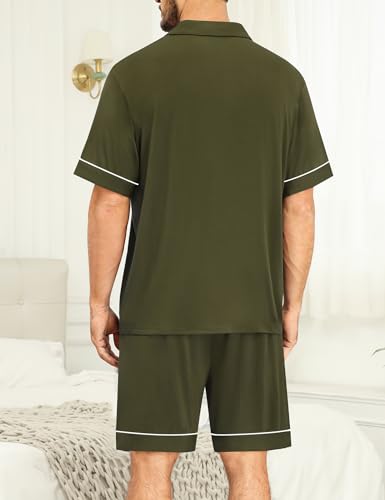SWOMOG Mens Pajama Set Shorts Button Down Short Sleeve Sleepwear Soft Modal 2Pcs Pj Set with Pockets Army Green Small