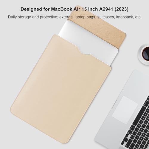 Minimalist Style PU Leather Laptop Sleeve for 2023 MacBook Air 15 inch A2941 M2 Chip, Inner Soft Fluff Thickened Padded Portable Travelling Notebook Bag Case (Beige)