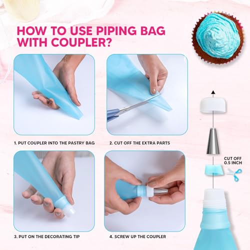 Riccle Piping Bags and Tips Set, 11.8 Inch 100 Anti Burst Piping Bags, 124 Pcs Cake Decorating Kit with 16 Piping Tips, 1 Reusable Pastry Bags, 3 Cake Scrapers, 2 Couplers, and 2 Icing Bags Ties