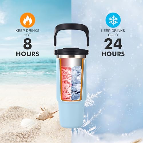 TIANKMER 30oz Tumbler with Handle Straw Lid, Stainless Steel Leak Proof Insulated Water Bottle, Women Men Travel Cup Fit Car Holder