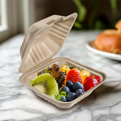 Aricsen Compostable 50 Pack 6x6 Inch Disposable Small Lunch Box Takeout Containers with Lid To Go Take Out Clamshell for Food, Eco-Friendly Biodegradable Bagasse Fibers, PFAS-Free, Unbleached Brown