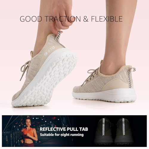 STQ Slip Ins Womens Slip On Sneakers Hands Free Orthopedic Tennis Walking Shoes for Plantar Fasciitis Relief Beige 6.5