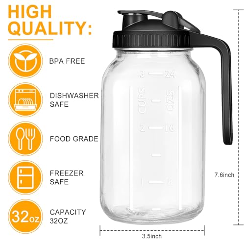 Wide Mouth Mason Jars 32 oz with Pour Spout Lids, SNGKMSYG 1 Quart Glass Pitcher with Lid, Double Leak Proof Breast Milk Pitcher for Fridge, Coffee, Water, Iced Tea (Black, 32oz, 1 Pack)