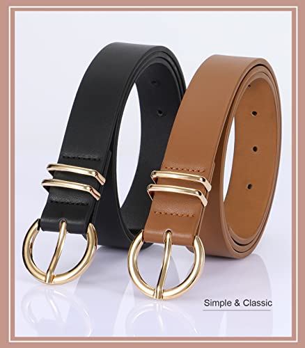 VONMELLI 2 Pack Women's Leather Belts for Jeans Dresses Fashion Gold Buckle Ladies Belt Black+Light Coffee,S