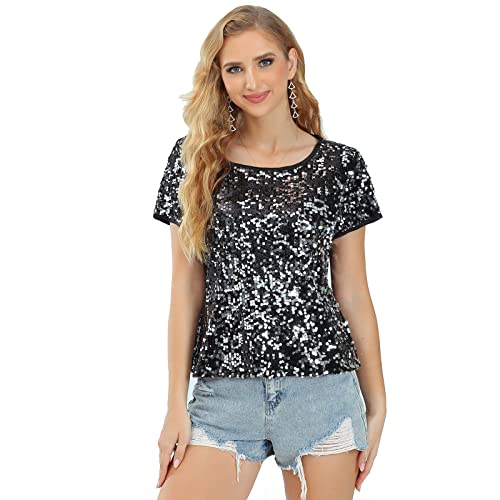 Womens Full Sequin Sparkle Tops Shimmer Glitter Round Neck Short Sleeve Shirt Summer Disco Party Tee Shirts Tunic Blouse Orange Medium