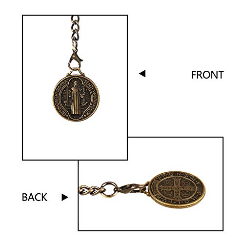 TREEWETO Men's Double Albert Chain Pocket Watch Curb Link Key Chain 2 Hooks with Antique St. Benedict Pendant Design Charm Fob T Bar, Bronze